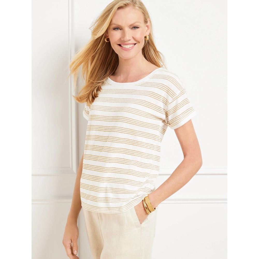 Talbots Sz L Pullover Roll Cuff Tee White Sandy Gold Striped Blouse Linen Blend